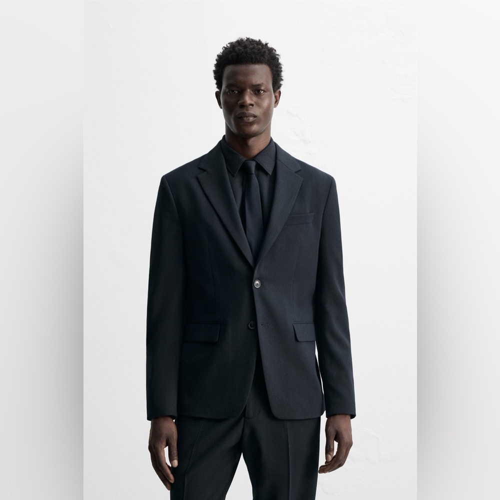 ZARA MEN’S WOOL BLEND TEXTURED SUIT BLAZER - Navy, Size 42 NWT